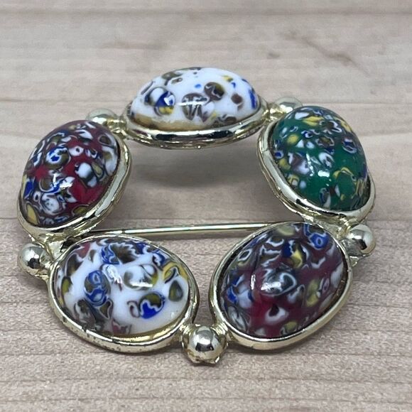 Vintage Millefiore Venetian Glass Brooch Murano Art Cabochons Gold tone - Picture 1 of 10